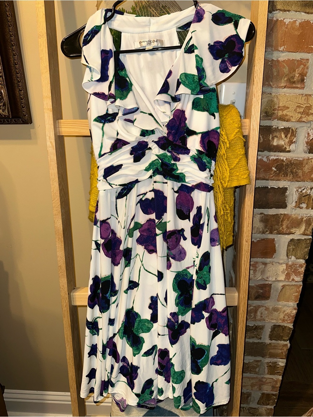 Evan Picone White Midi Wrap Dress with Purple and Green Floral Print